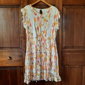LC Lauren Conrad White Midi Dress with Coral and Mustard Floral Print